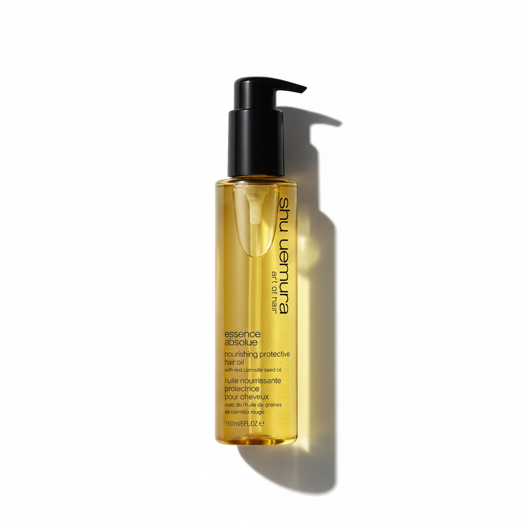 Shu Uemura hair oil bottle on a white background