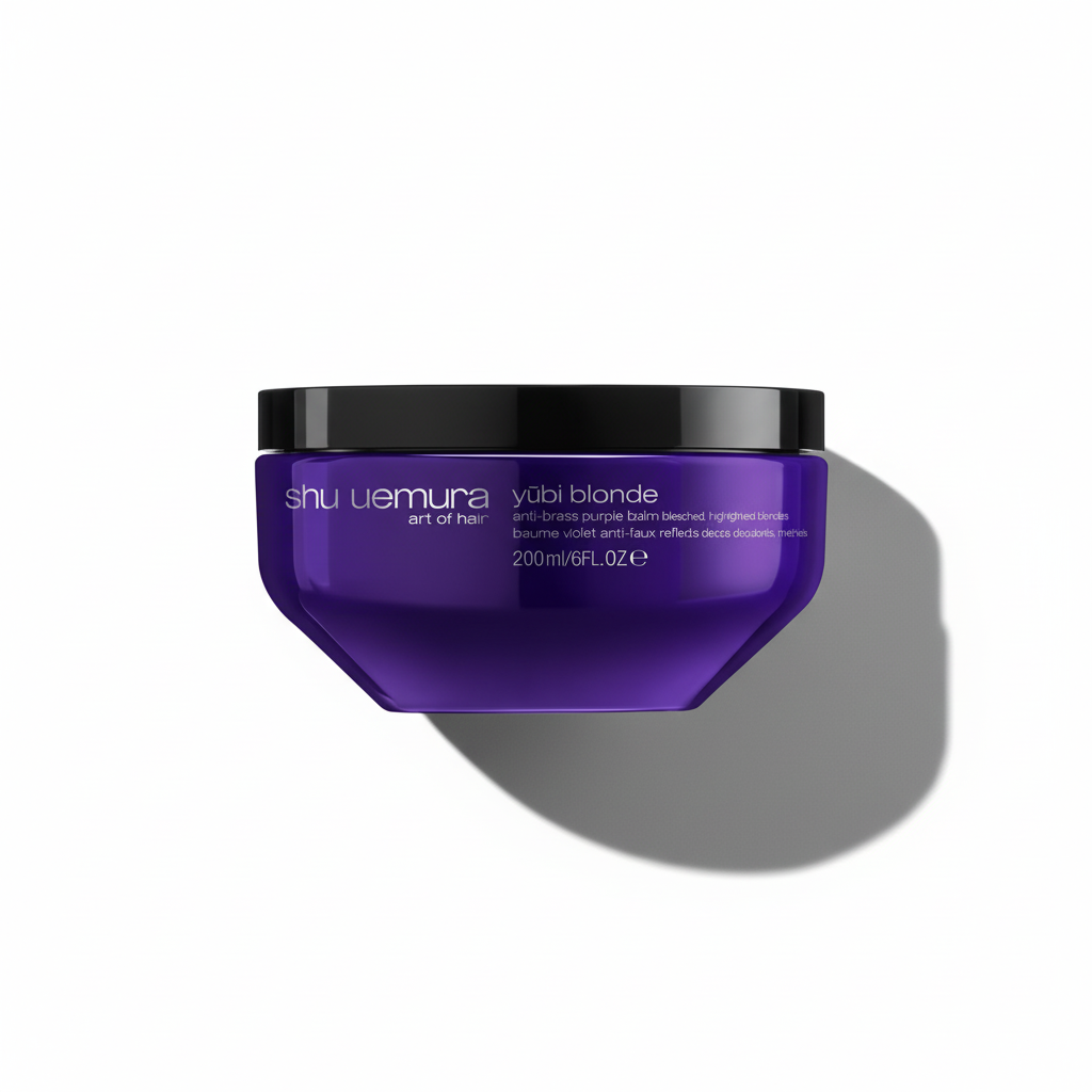 Purple hair mask jar with black lid on a white background