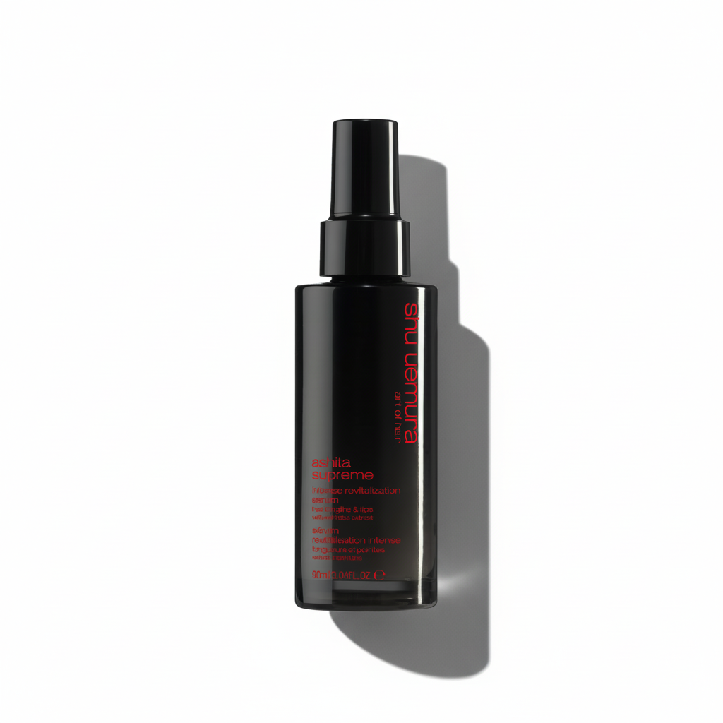 Black spray bottle with red text on a white background