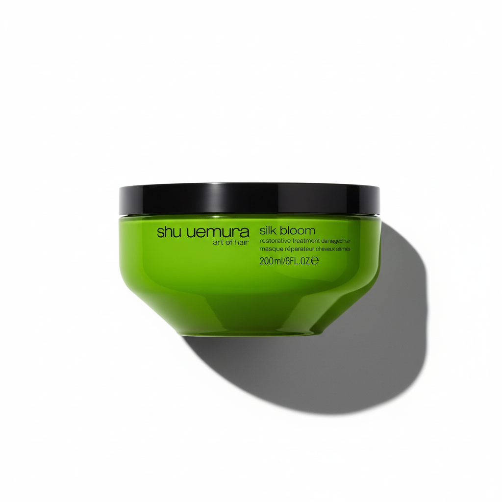 Green hair mask jar with black lid on a white background