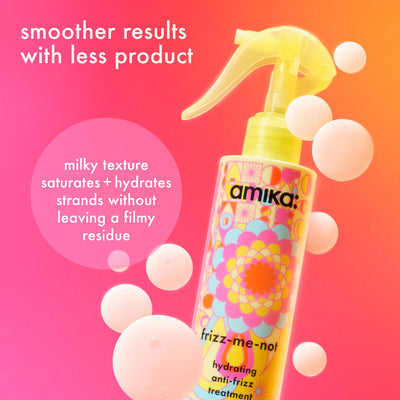 Amika frizz-me-noil hair product with colorful packaging on a pink and orange gradient bac