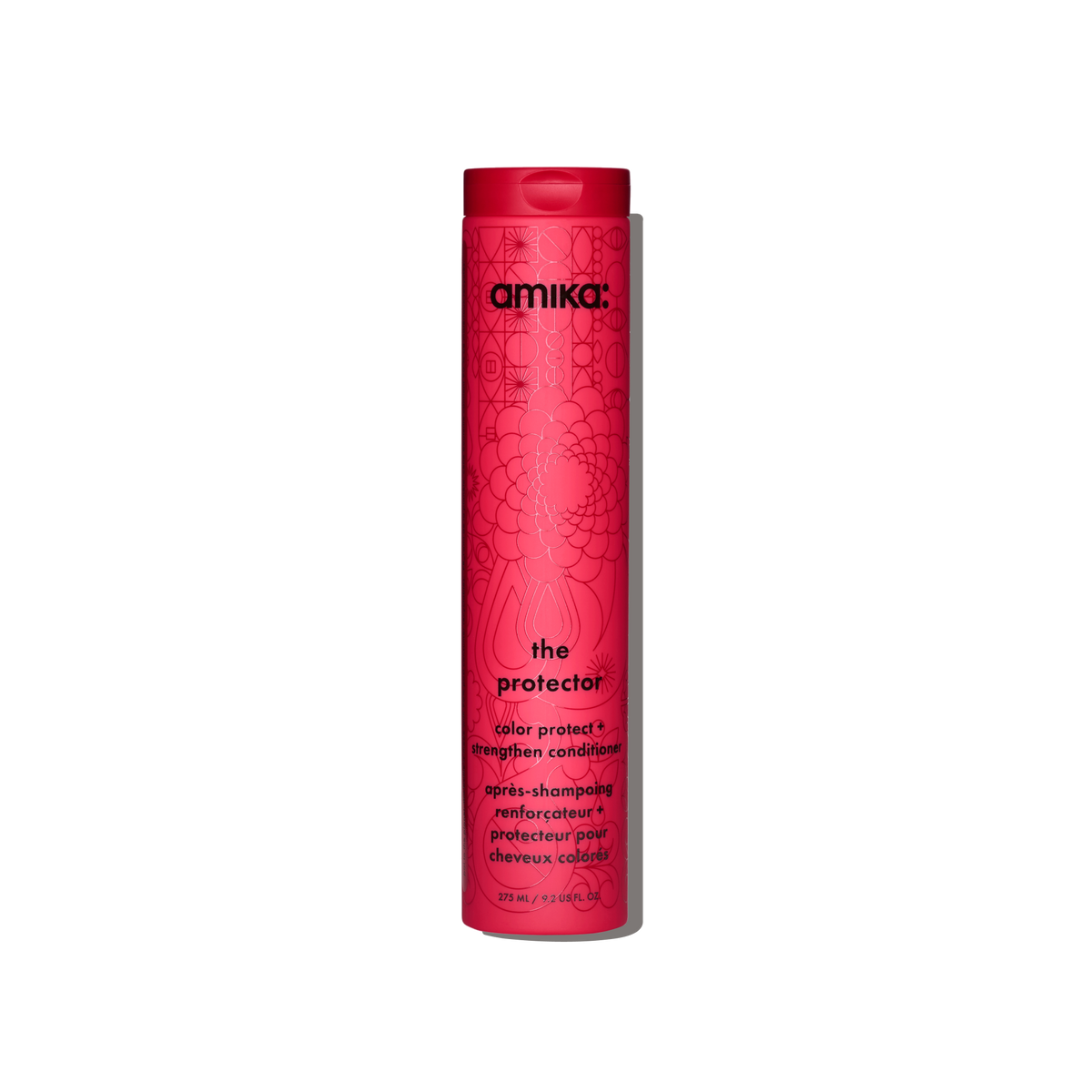 A tall cylindrical bottle of Amika The Protector Color Protected Strengthen Conditioner, f