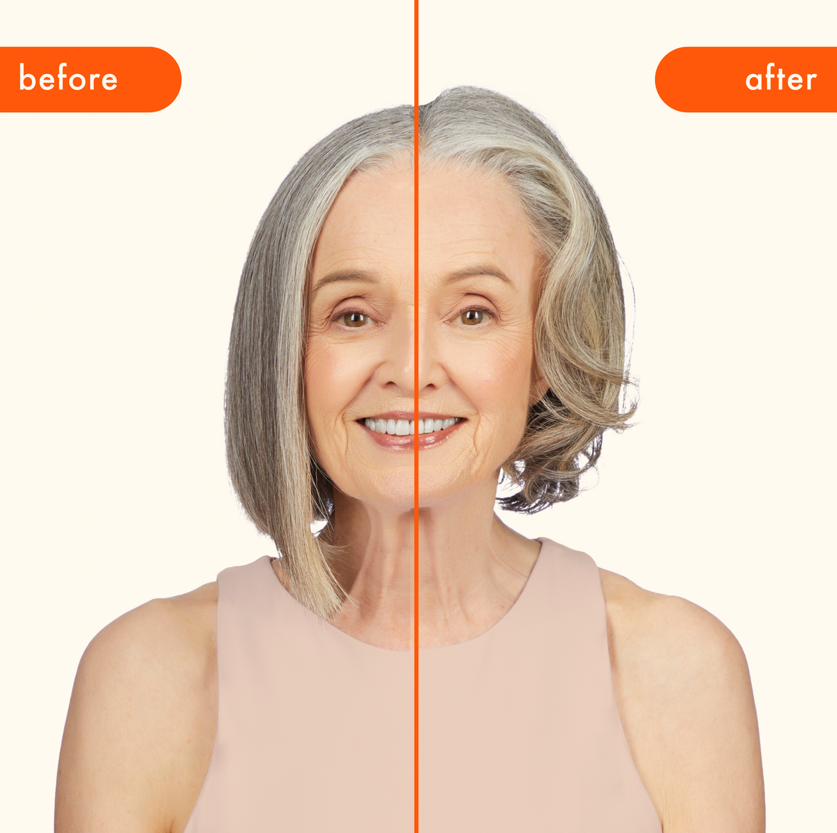 Model before and after using the Amika blowout babe thermal ionic brush.