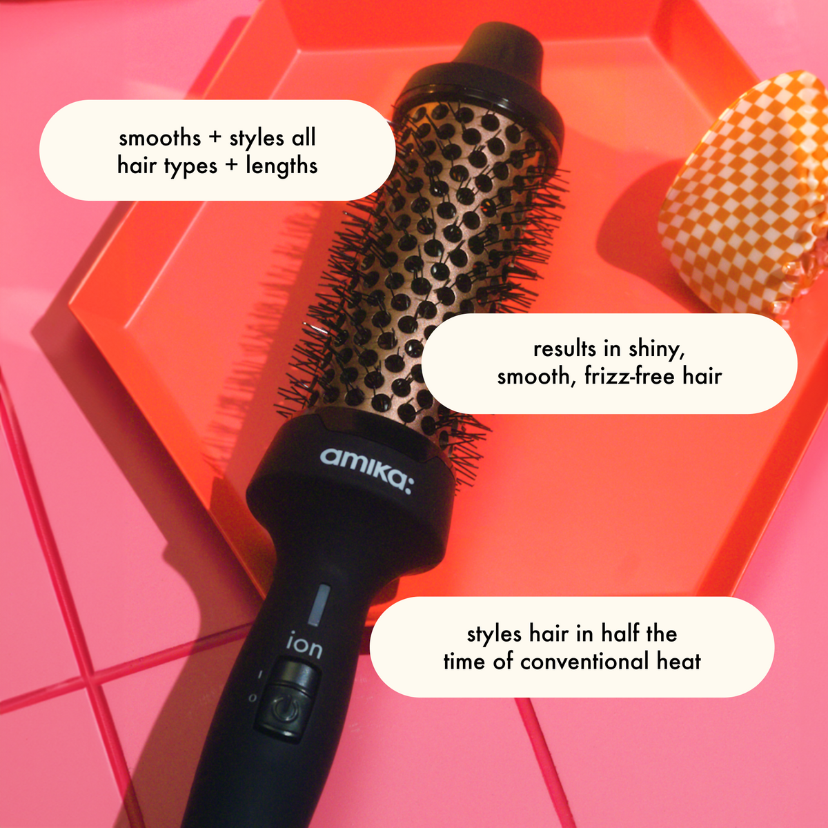 Amika blowout babe thermal ionic brush benefits: smooths + styles all hair types + lengths