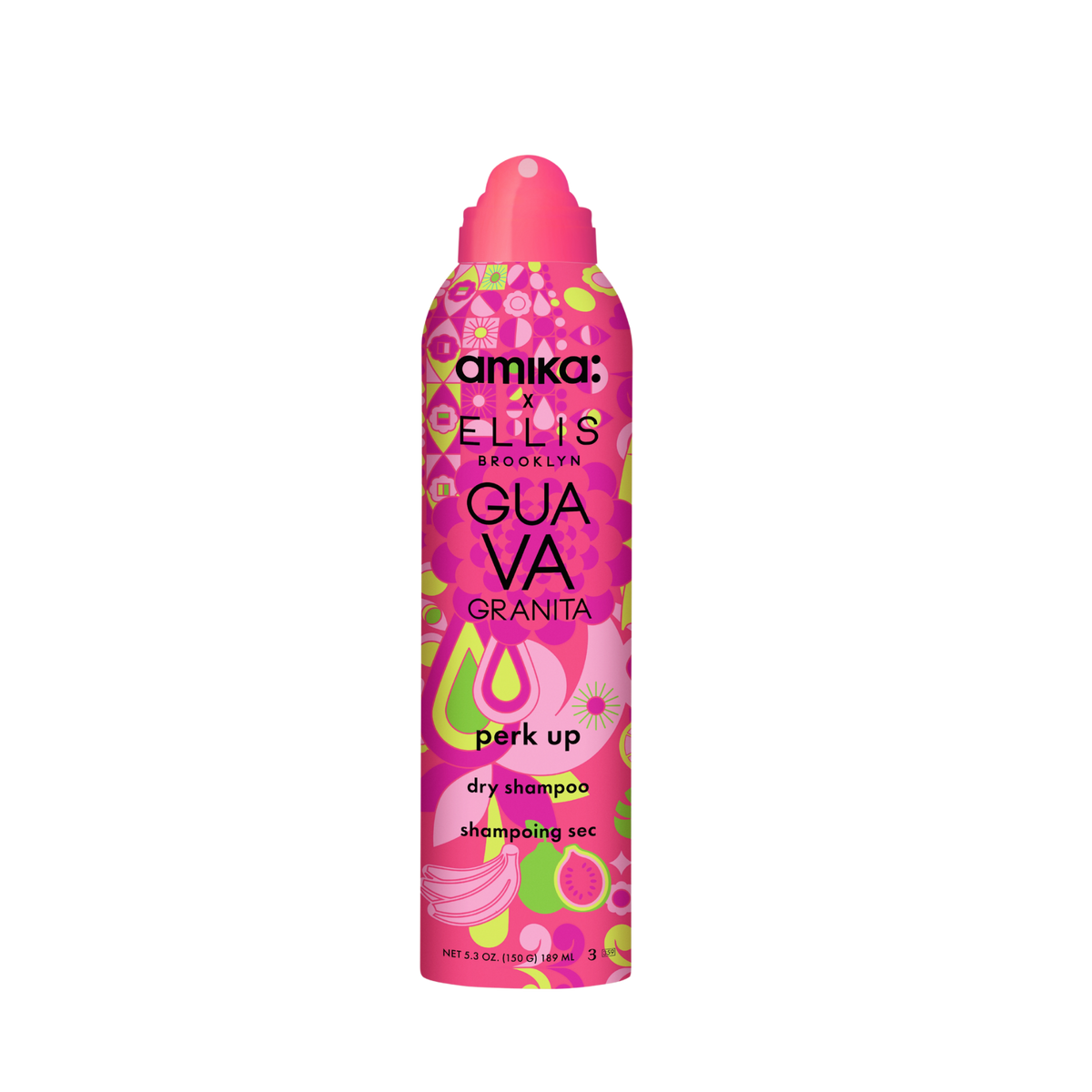Pink bottle of Amika x ellis brooklyn Guava Granita dry shampoo on a white background