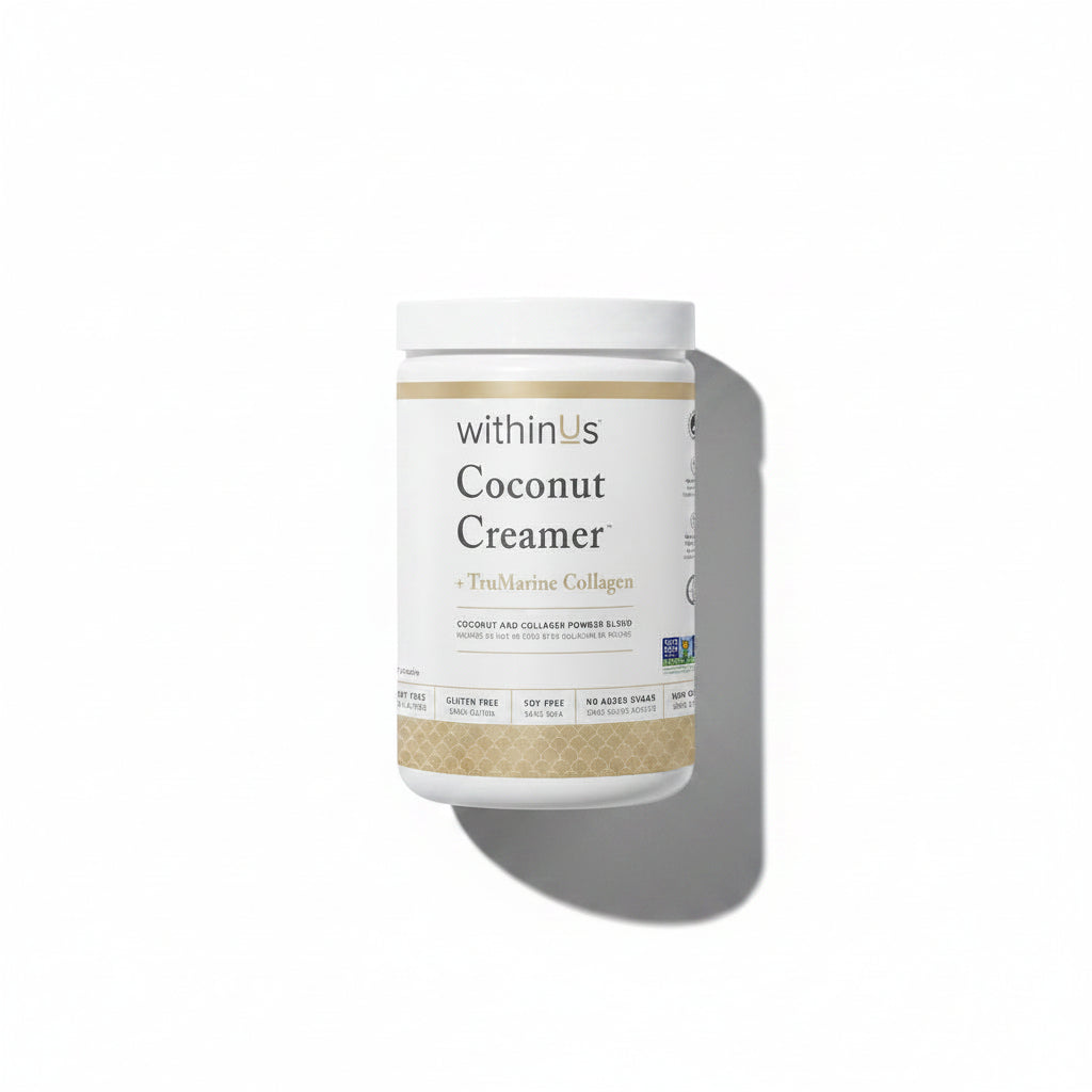Container of withinUs Coconut Creamer with TruMarine Collagen on a white background