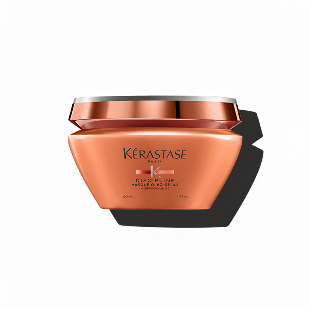 A jar of Kerastase Discipline Masque Oléo-Relax Mask, with a rich creamy formula for smoothing and disciplining unruly voluminous hair.